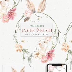 Ostern Blumenkranz Clipart. Süßer weißer Hase Rahmen Watercolor Boho Datei. Frühlingseinladungskarte, Logo Tulpe rosa, Pfingstrose creme