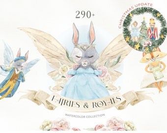 Fairies & Royals Christmas Animal Characters Creator Watercolor clipart Set. Princess, Nutcracker flowers, deer, fox. Floral wreath 290 PNG