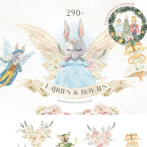 May include: Watercolor illustrations of fairies and royals, including a rabbit in a blue dress with large wings, a fox in a white dress, and a raccoon in a pink dress. The image includes floral arrangements and the text "Fairies & Royals".