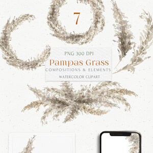 May include: A set of seven watercolour illustrations of pampas grass in various arrangements. The illustrations are perfect for creating wreaths, frames, and borders. The illustrations are in shades of brown and beige.