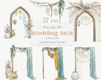 Boho Wedding Arch Creator clipart. Watercolor Ceremony frame PNG: Macrame, Pampas Grass, Oriental decor, lanterns, bulbs, garlands