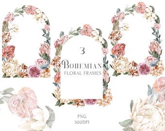 Boho Chic Wedding Wreath clipart Watercolor Bohemian Floral Frame - White, Pink flowers - Protea, Rose, Eucalyptus leaves Commercial usePNG