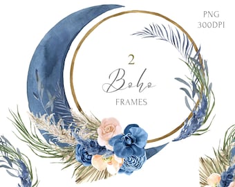 Boho Round Floral Frame clipart Pampas Grass. Blue Moon Watercolor arrangement. Cream orchid flower png. Boho wedding Wreath invitation PNG