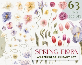 Spring Floral Watercolor clipart set. Pink Blush, White, Yellow, Purple Lilac Boho garden and wild flowers. Bohemian Wedding summer PNG