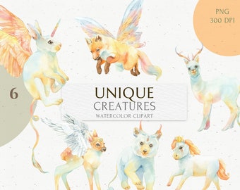 Fantastic Beasts Fairy Rainbow Animal Characters clipart. Woodland Creatures. Magic Forest Hare, deer, fox, bear, alpaca, Little Pony, wings
