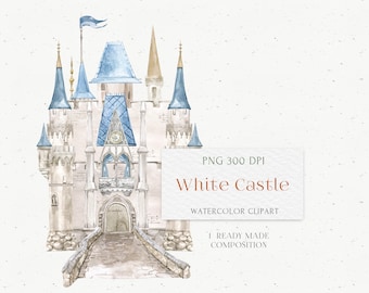 Watercolor Castle clipart. Fairy Kingdom White Palace. Wedding, Baby shower invitation design, wall art decor, printable poster. Blue Tower