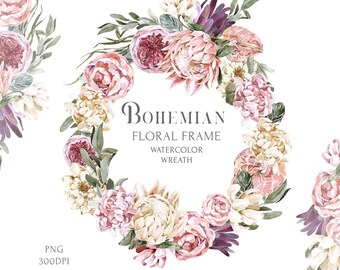 Boho Wedding Wreath clipart Watercolor BohemianCircle Floral Frame  - Burgundy, White, Pink flowers - Protea, Rose, Eucalyptus leaves PNG