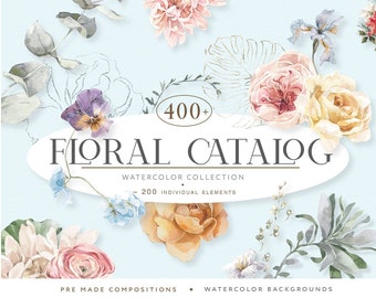 Floral Watercolor Bundle. Pastel Greenery, Neutral, White Boho Flowers Clipart. Bohemian Wedding Frames, Bouquets, Christmas wreaths 400 PNG