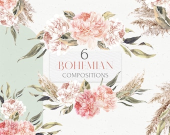Zestaw clipartów akwarelowych Boho. Ramka kwiatowa, wieniec ślubny Boho PNG. Peach Peony, trawa pampasowa i liście eukaliptusa. Element projektu logo