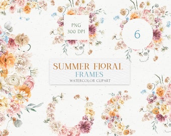 Boho Summer Floral Wreath Frame Bouquet Watercolor Bohemian Wedding clipart - Colorful meadow flowers, Rose, Chrysanthemum Eucalyptus PNG