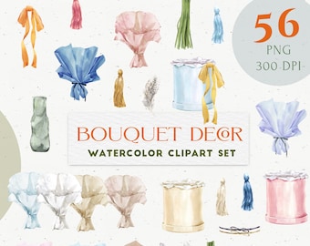 Bouquet Decor Watercolor clipart set. Packaging, ribbons, bows, boxes, vases. White, Neutral Pink, Yellow, Orange Boho Wedding PNG