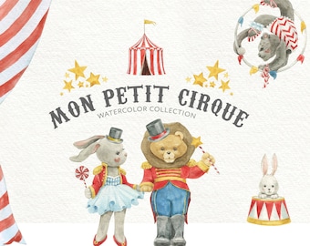 Toy Animals Circus Watercolor clipart set. Retro background, Frames, prints. Boy, girl: Lion, Bunny, Fox, Panther, Teddy bear, Elephant PNG