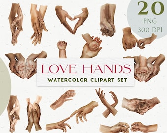 Watercolor Love Family Hands Clipart set: Man, Woman, Baby, Kid, Father, Couple. Mother's Day, Valentine's Wedding card African American PNG