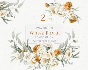 White Floral wreath clipart. Boho, Rustic Wedding Watercolor flowers PNG. Soft peony, rose, Pink cream dahlia, eucalyptus invite logo design