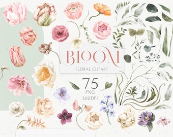 Big Floral Watercolor clipart set. Pink Blush, White, Yellow and Lilac Boho garden and wild flowers. Bohemian Wedding spring, summer PNG