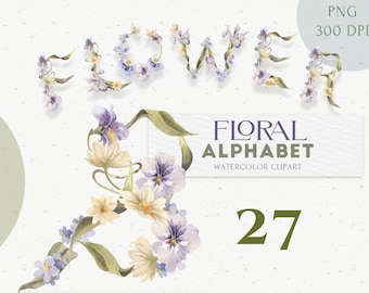 Floral Alphabet Pastel Purple Letters clipart. Spring Summer Boho arrangement Monogram wedding PNG. Meadow, Garden invitation logo design