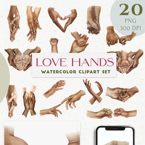 Aquarell Liebe Familie Hände Clipart Set: Mann, Frau, Baby, Kind, Vater, Paar. Muttertag, Valentinstag Hochzeitskarte African American PNG