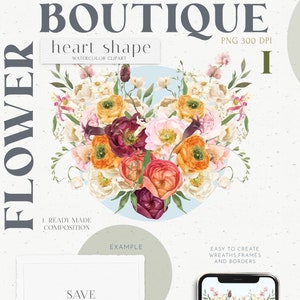 Boho Sommer Blumen Herz Form Blumenstrauß Aquarell Boho Hochzeit Clipart - Bunter Garten, Wiesenblumen, Rose, Pfingstrose Eukalyptus PNG