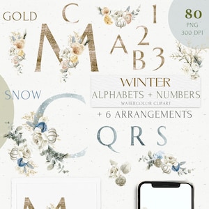 Clipart di numeri dell'alfabeto oro e blu. Composizione floreale pastello invernale con neve Monogramma. Natale, matrimonio PNG, logo, invito, design del logo