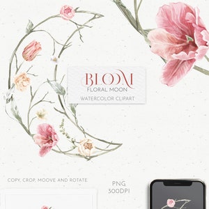 Bloemen maan clipart. Valentijnsdag, bruiloft aquarel boho-arrangement, png. Roze crème, witte lentepioen, uitnodigingskaart tulp, logo