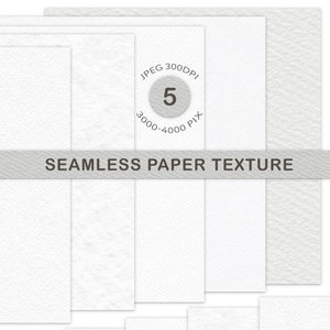 May include: A set of 5 seamless paper textures in white, perfect for digital backgrounds or creating digital art. The textures are high resolution, 3000 x 4000 pixels, and 300 DPI.
