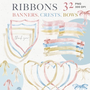 Aquarel lint banner clipart set.  Wedding Crest Creator, ontwerp babyshoweruitnodiging, kunst aan de muur. Pastelroze, blauw, goud, wit