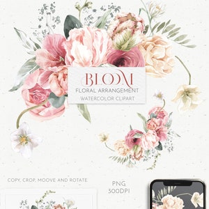 Arranjo floral clipart. Dia dos namorados, casamento aquarela Boho PNG. Creme rosa, peônia branca da primavera, design de logotipo de cartão de convite de flor de tulipa