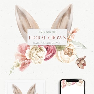 Ostern Blumenkrone Clipart mit niedlichen Hasenohren Rahmen Aquarell Boho Arrangement PNG. Frühlingseinladungskarte, Logo Tulpe rosa, Pfingstrose creme