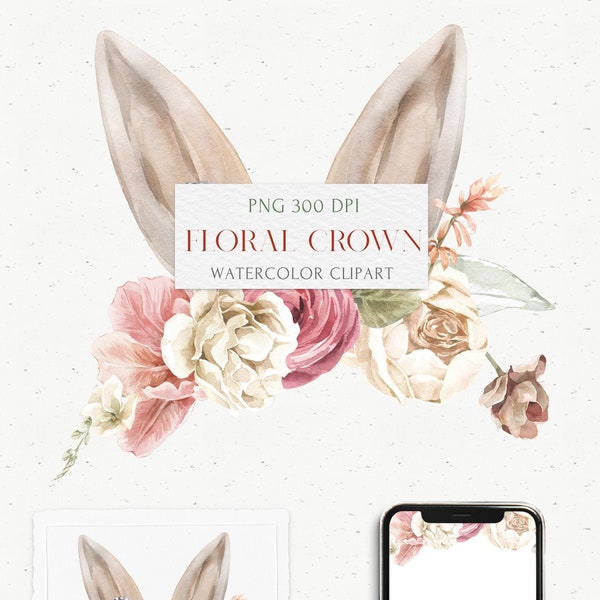 Easter floral crown clipart with Cute Bunny ears frame Watercolor Boho arrangement PNG. Pink tulip, cream peony Spring invitation card, logo