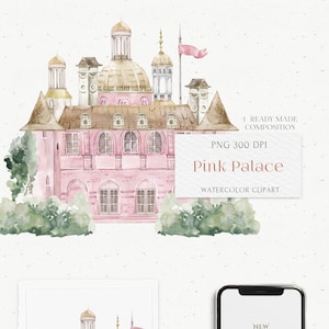 May include: Watercolor clipart of a pink palace with gold accents. The palace has a large dome and several smaller towers. There are green bushes in front of the palace. The image is labeled "Pink Palace" and "Watercolor Clipart".