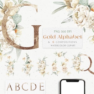 Goldfolie Alphabet Clipart. Weißes Boho Blumengesteck Monogramm Valentine, Hochzeit PNG. Creme Pfingstrose, Rosenblüteneinladung, Logo-Design