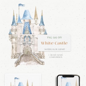 May include: Watercolor illustration of a white castle with blue and gold accents. The image includes the text "White Castle" and "Save the Date". The castle is depicted on a white background, with a bridge leading to the entrance.