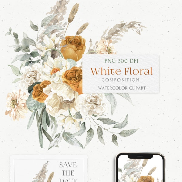 Witte Neutrale Bloemen boeket clipart. Boho, Rustieke Bloem van de Waterverf van het Huwelijk PNG. Zachte pioenroos, roos, crème dahlia, eucalyptus logo ontwerp