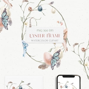Clipart de couronne florale en forme d'oeuf de Pâques. Cadre papillon bleu Arrangement bohème aquarelle PNG. Carte d'invitation de printemps, logo