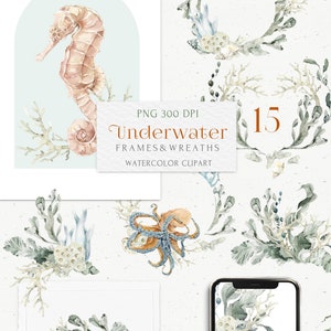 Underwater frame clipart Watercolor set. Mermaid wreath, coral, seashell, sea plant bouquet. Boho Tropical Wedding heart border PNG