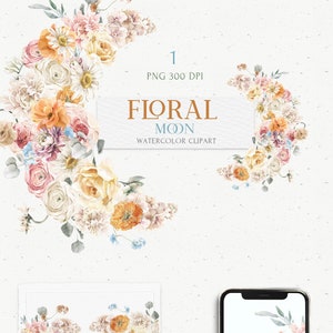 Clipart floral da lua. Dia dos namorados, arranjo de aquarela Boho PNG para casamento. Cartão de convite de flores de creme rosa, prado de verão branco, logotipo