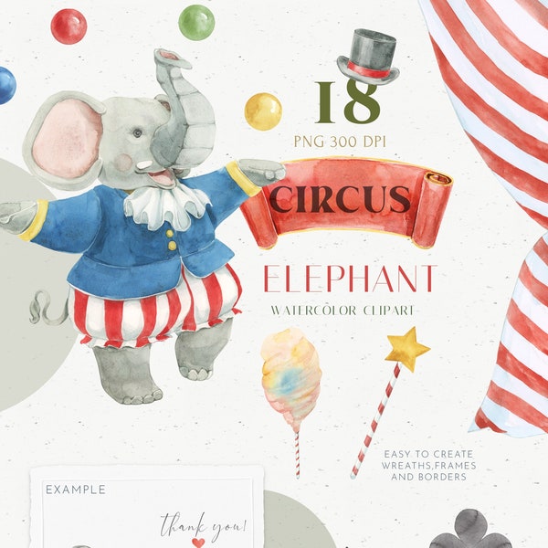 Toy Elephant Circus Watercolor clipart set. Retro Boy Nursery Wall Decor Baby Shower PNG