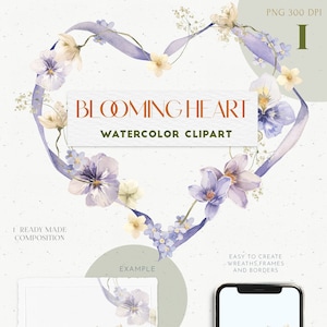 Clipart de marco con lazo floral y corazón de amor violeta. Ramo de acuarela para San Valentín. Diseño de logotipo para tarjeta de invitación con flores silvestres de jardín lilas.