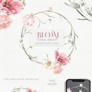 Blumenkranz Clipart. Valentinstag, Hochzeit Aquarell Boho Kreisrahmen PNG. Blühende Feldblumen, Frühlingstulpe Einladungskarte Logodesign