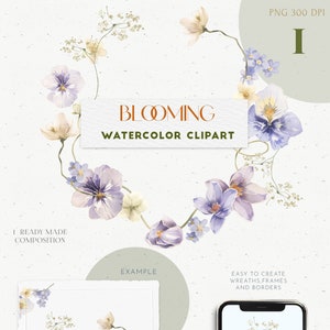 Clipart di ghirlande floreali pastello. San Valentino, matrimonio Acquerello Boho PNG. Viola, Bianco Primavera Estate fiore viola invito carta logo design