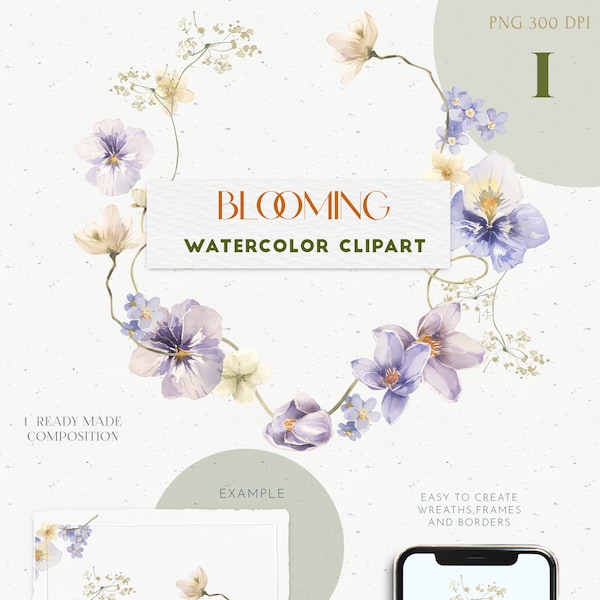 Pastel Floral wreath clipart. Valentine, wedding Watercolor Boho PNG. Purple, White Spring Summer violet flower invitation card logo design