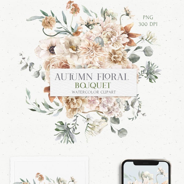 Boho Autumn Floral Bouquet Watercolor for Bohemian Wedding frame clipart. Earth tone Dry flower, Neutral Orchid, White Dahlia Eucalyptus PNG