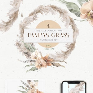 Conjunto de clipart Boho Giant Pampas Grass Wreath. Moldura Boho em aquarela PNG Clipart de buquê seco de orquídea neutra. Logotipo do convite de casamento