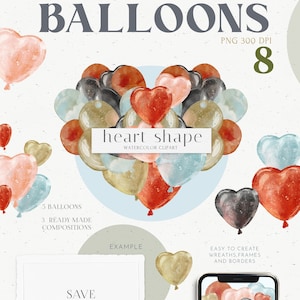 Conjunto de clipart de balões em forma de coração de amor em aquarela. Preto, dourado, azul, rosa para o dia dos namorados, chá de bebê, aniversário, convite de casamento