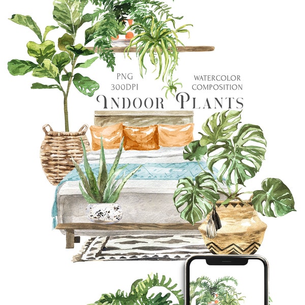 Watercolor Bedroom plants clipart Trendy Tropical Indoor plants clipart. Aloe, Monstera, spider, fiddle leaf figplant PNG Boho home clip art