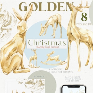 Set di clipart acquerello per decorazioni festive con lepre e cervo giocattolo dorato glamour moderno di Natale. PNG invernale per biglietti, calendario, inviti di nozze