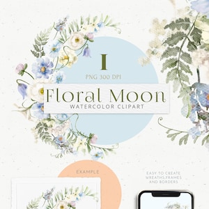 Clipart de luna con flores blancas y azules. Ramo de flores delicado para San Valentín, arreglo bohemio de acuarela para bodas PNG. Tarjeta de invitación, logotipo