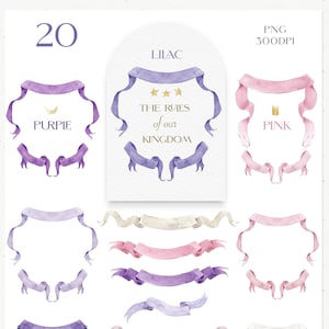 May include: A set of 20 watercolour illustrations of banners and ribbons in purple, pink, and cream colours. The banners are decorated with stars, a crescent moon, and a crown. The text "The Rules of our Kingdom" is written on one of the banners.