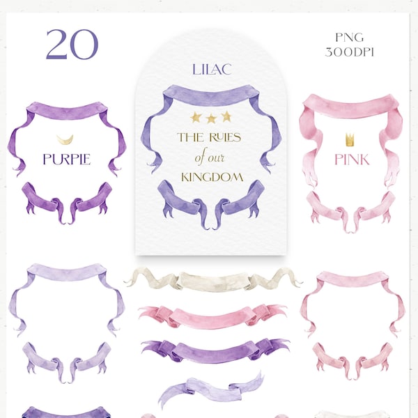 Watercolor Ribbon Banner Clipart Set. Crest creator for Wedding, Baby shower invitation design, wall art decor. Pink, Lilac, Purple, White