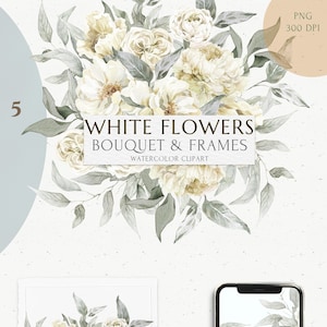 Weißer Blumenkranz Clipart. Boho, rustikale Hochzeitsaquarellblumen PNG. Rosa creme weiche Pfingstrose, Rose, Dahlie, Eukalyptus laden Logodesign ein